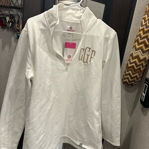 White 3/4 zip pullover with monogram CGP in gold